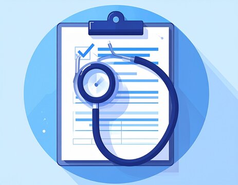 Annual health checkup stethoscope on chart with checkmark flat line icon vector illustration