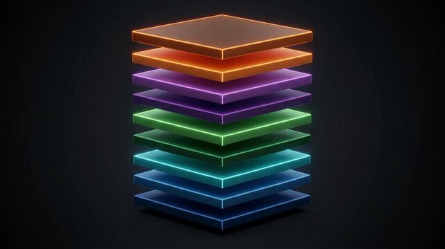 Quantum Layer Stack with Glowing Neon Layers on Dark Background