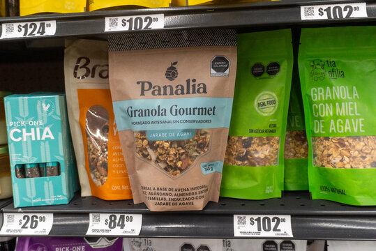 Villa de Alvarez, Colima. Mexico. May 15, 2026: Assortment of Healthy Breakfast Cereal Products and Chia Seed Packages on Store Shelf