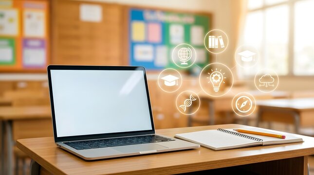 A laptop sits on a desk in a classroom with icons floating above it