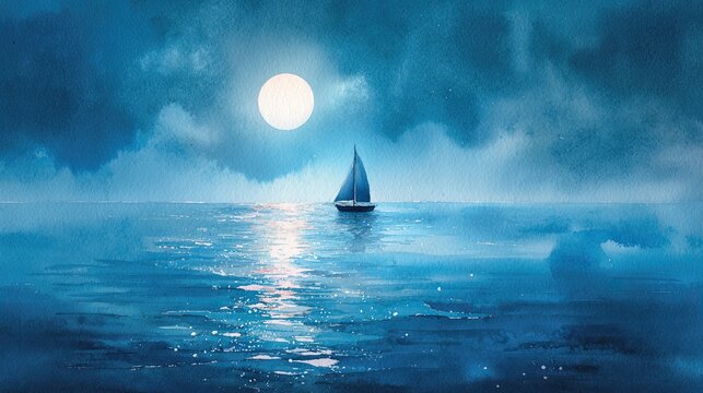 A solitary sailboat glides across a calm ocean under a bright full moon, surrounded by a serene, dreamy blue night sky.