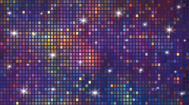 Disco dance floor background with shining lights and colorful tiles. A classic disco dance floor or shimmering party sequins.