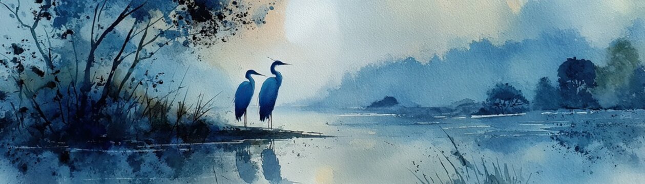 A serene watercolor landscape featuring two herons standing near a calm water body amid misty trees and distant hills.