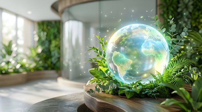 A glowing Earth model sits on a wooden table surrounded by lush green plants in a modern office interior with large windows.