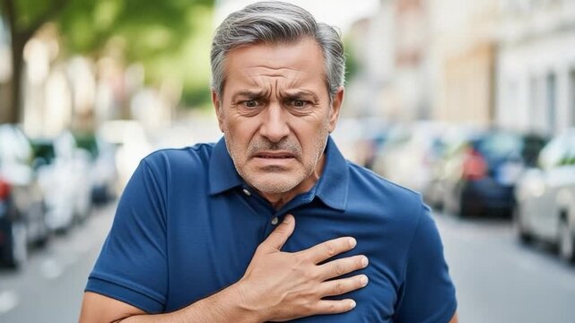 Middle aged man suffering from sudden chest pain outdoors, heart attack emergency concept, mature male experiencing cardiovascular distress, health crisis and medical urgency