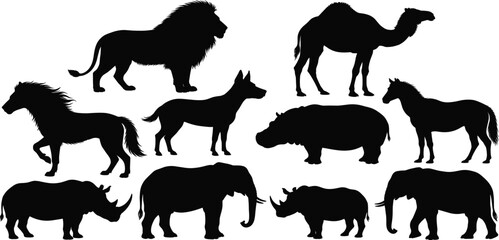 Wild Animals Silhouette Vector Collection Set, Lion Camel Elephant Rhino Hippo Zebra Horse Dog Wildlife Illustration Bundle © RABBI