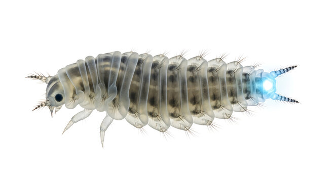 Detailed view of an isolated translucent aquatic isopod larva with a glowing blue tail, showcasing its segmented body