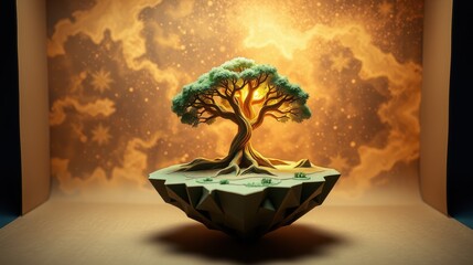 Obraz premium Stylized tree sits atop geometric platform. Background features warm clouds, stars, dramatic lighting creates surreal scene.