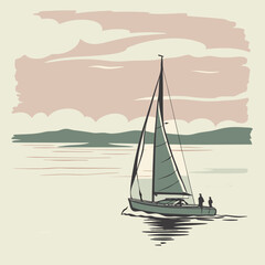 Fototapeta premium Vintage Minimalist Vector Illustration of a Sailboat on Calm Water