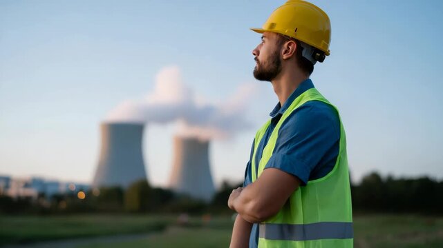 Construction worker in safety gear standing outdoors overlooking a power plant during daytime