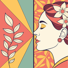 Profile Portrait of a Woman with Floral Hair and Geometric Background © Ama