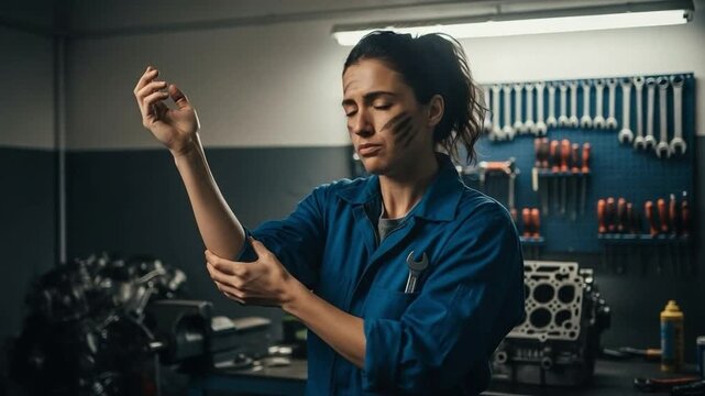 Young female mechanic suffering from elbow pain in auto repair shop, professional woman experiencing physical injury or joint strain while working on car engine