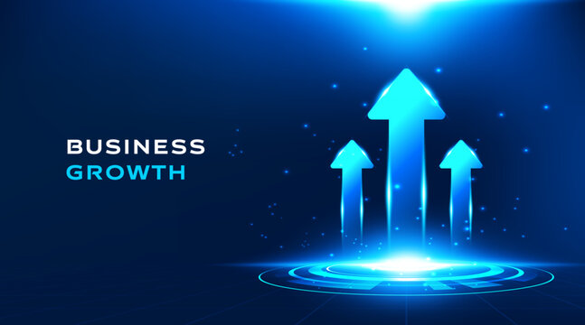 Business growth arrow vector background from glowing digital podium for presentation.Dark blue futuristic technology concept banner with rising neon light effect elements.