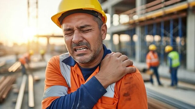 Middle aged male construction worker suffering from shoulder pain at a building site, occupational injury concept, physical strain and workplace health and safety issue