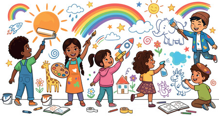 Happy Kids Painting Colorful Mural on Wall Vector Illustration with Creative Diverse Children Doodling Rainbows Animals Rockets and Sun Elements © Md