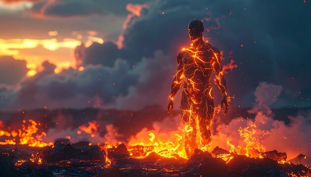Man on fire in burning landscape.