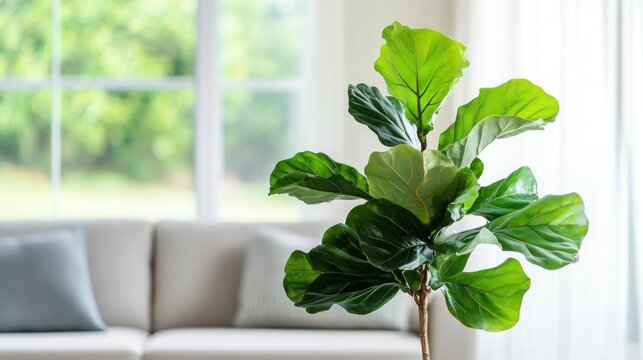 Fiddle leaf fig plant in a modern living room with a view.