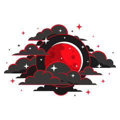 Mysterious Red Moon Eclipse Surrounded by Dark Clouds and Stars © ati