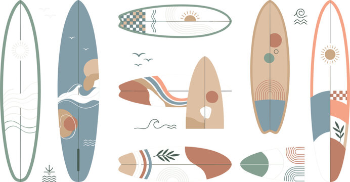 Retro Surfboard Vector Collection with Boho Aesthetic Sun Waves and Geometric Elements for Summer Fashion Posters T Shirt Prints and Beach Branding