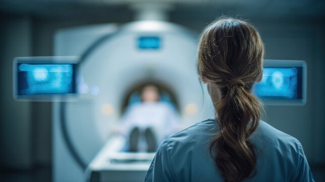 Medical Imaging Scene: A medical professional observes a patient undergoing a magnetic resonance imaging (MRI) scan within a modern, high-tech diagnostic facility.
