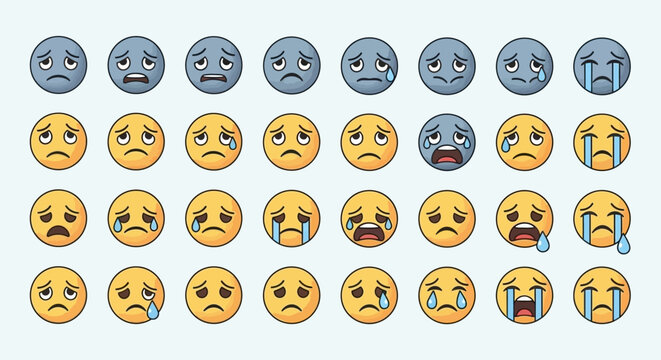 Sad emoji set illustrative representations of various emotional expressions