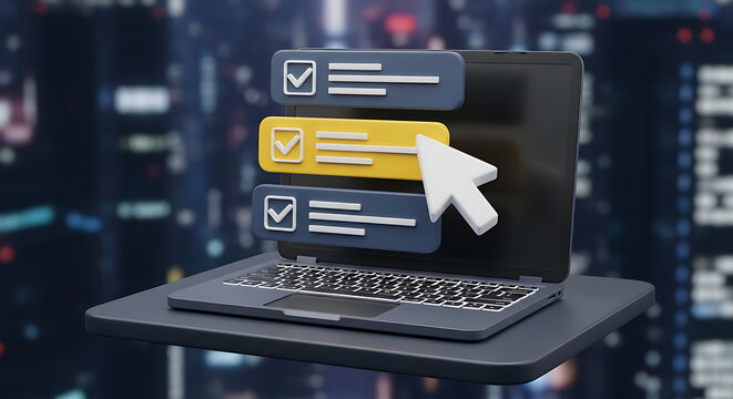 3D render of a laptop with checklist on screen being clicked by cursor checklist business planning management computer checkbox productivity efficiency software development interface