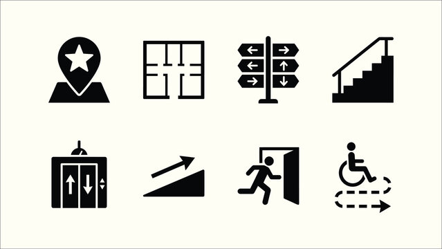 Solid black building navigation wayfinding UI vector icon set