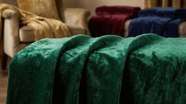Close-up of emerald green plush velvet fabric with deep pile and soft texture draped in folds, with burgundy, navy blue, and gold blankets on a chair in the background interior.
