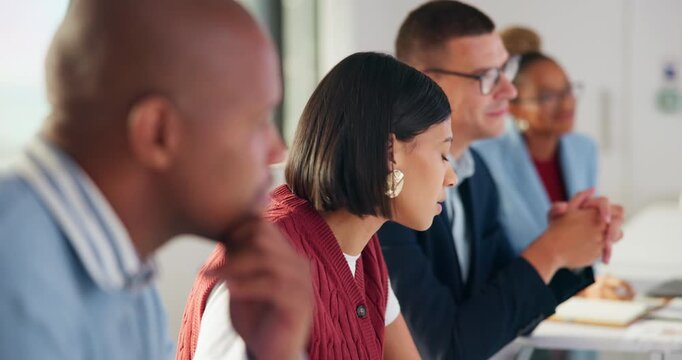 Business, woman and listen with team in meeting for discussion, training intern and career growth. Group, people and employees in seminar for coaching, corporate presentation and upskill development