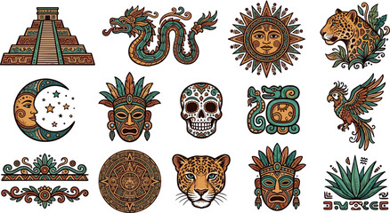 Traditional Aztec and Mayan Culture Vector Icon Set featuring Ancient Pyramids Tribal Masks Mythological Creatures Totems and Ornate Mesoamerican Decorative Elements © Md