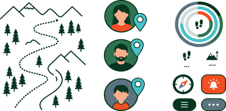 Outdoor Hiking and Navigation App UI Element Set featuring Mountain Trail Map, User Location Avatars, Activity Rings, Compass, and Interface Control Buttons