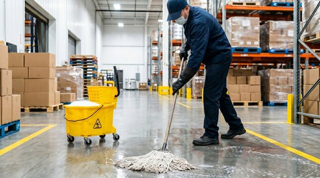 Dedicated worker meticulously mops and sanitizes a spacious industrial warehouse floor, ensuring cleanliness and safety standards are upheld for efficient operations