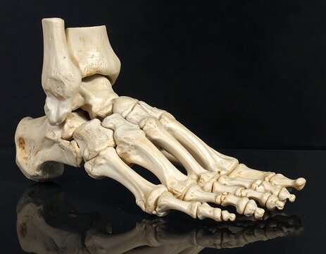 Human foot skeleton model isolated black.