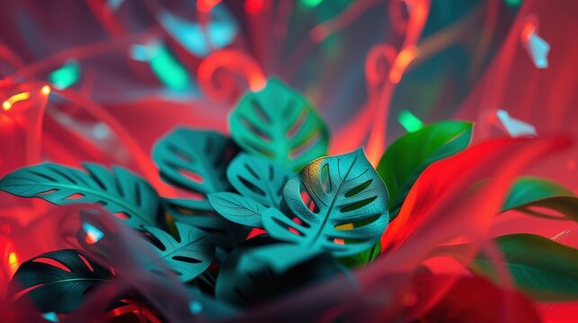 Abstract foliage composition. Vibrant turquoise leaves contrast with intense red illumination. Dramatic lighting creates surreal botanical scene.