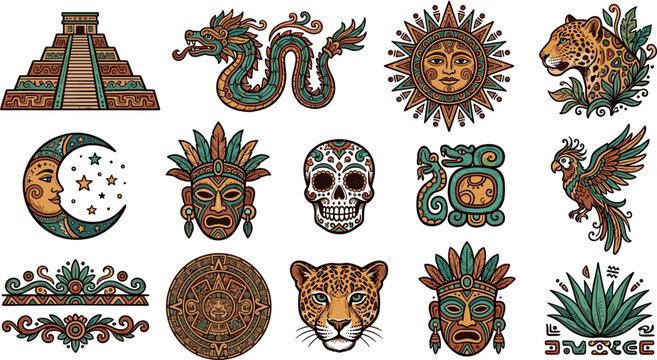 Traditional Aztec and Mayan Culture Vector Icon Set featuring Ancient Pyramids Tribal Masks Mythological Creatures Totems and Ornate Mesoamerican Decorative Elements