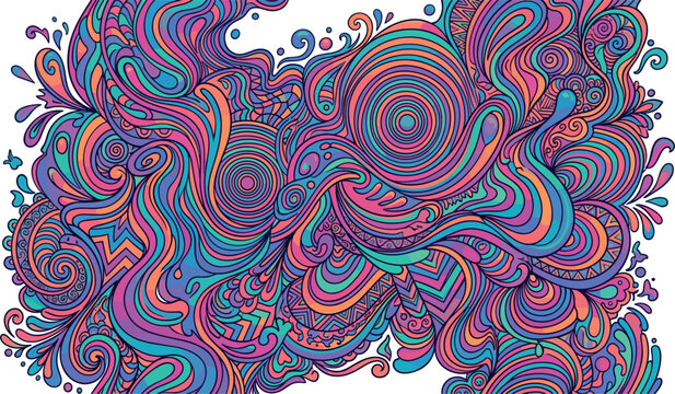 Vibrant Psychedelic Abstract Doodle Art Background with Colorful Trippy Waves Groovy Swirls and Intricate Hand Drawn Patterns for Creative Digital Media Projects