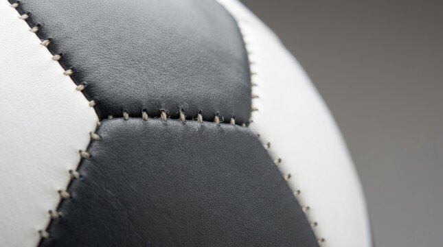 Extreme macro shot of black and white leather panels on a professional soccer ball showing intricate stitching, thread texture, and grained surface material against a blur.