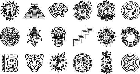 Ancient Aztec and Mayan Black Line Icon Set featuring Tribal Masks Pyramids Jaguars Glyphs and Mesoamerican Symbols for Cultural Identity Graphic Designs © Md
