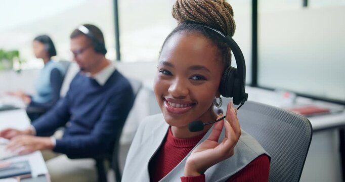 Telemarketing, woman and face with headset in call center for cold calling, upsell and about us. Coworking, sales agent and happy at workplace for product knowledge, lead generation and career pride