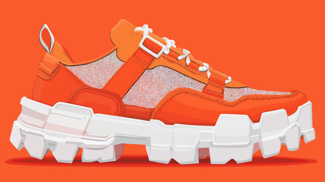 Bright orange athletic shoe with white chunky sole on solid orange background