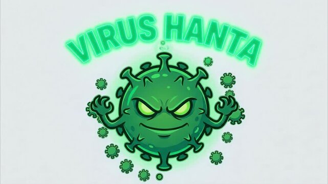 Hantavirus animation character design featuring a glowing green malicious microorganism with sharp teeth for medical educational video motion graphics
