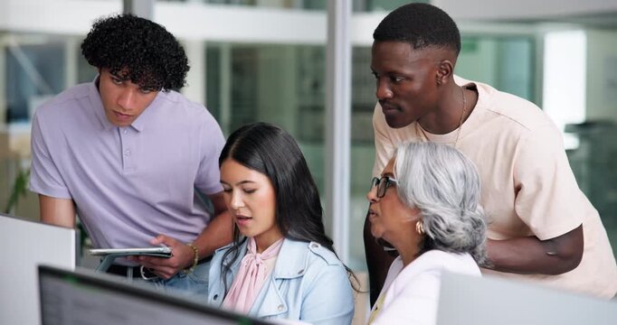 Creative, people and conversation in office with computer, marketing internship and manager advice. Intern, team and mentor review in workplace with desktop, discussion and strategy for advertising.