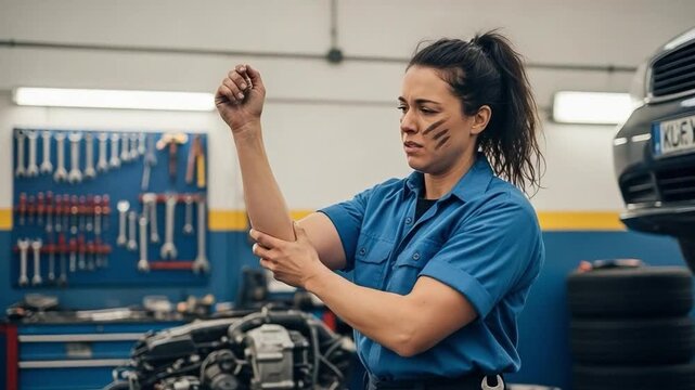 Young female mechanic suffering from elbow pain in auto repair shop, workplace injury concept, repetitive strain injury, physical discomfort during manual labor, occupational health