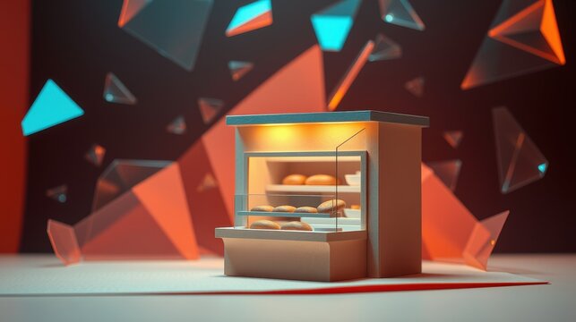 Minimalist bakery display case. Warm lighting highlights pastries within geometric backdrop. Modern design, simple composition.