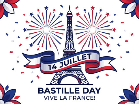 Bastille Day Celebration Illustration with Eiffel Tower, Fireworks, and French Flag Colors - 14 Juillet Vive La France National Day Concept