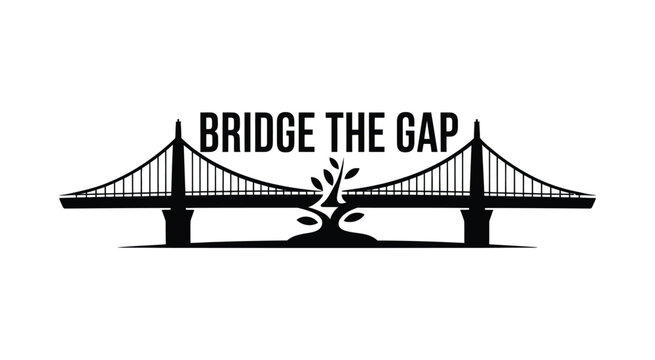 Suspension bridge silhouette in black and white representing Bridge the Gap concept for connection teamwork and progress vector design