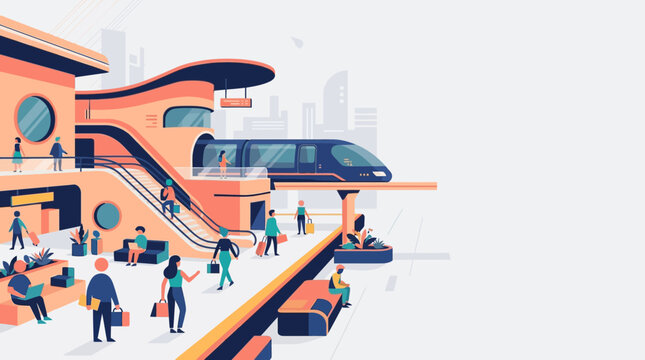 Modern Futuristic Transportation Hub and Smart City Train Station Illustration with Passengers, Monorail, and Minimalist Terminal Architecture