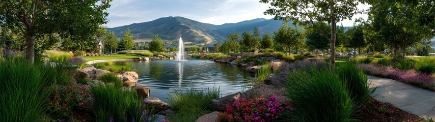 Obraz premium photograph of a mountainscape and tailored outdoor garden landscaping with pond and fountain in the distant background