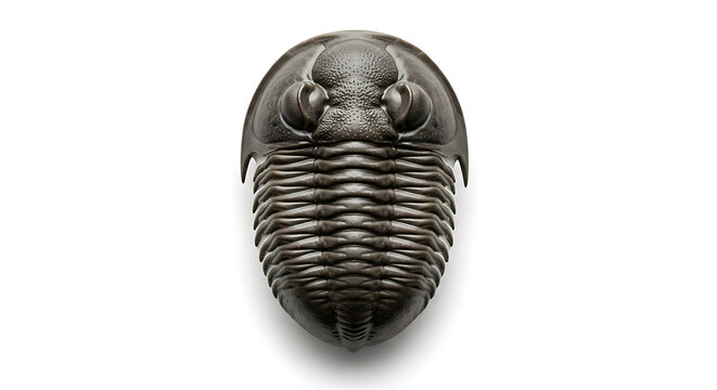 An isolated fossilized trilobite viewed from above, a prehistoric arthropod specimen