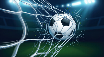 Fototapeta premium Macro View of Soccer Ball Striking Goal Net Tension